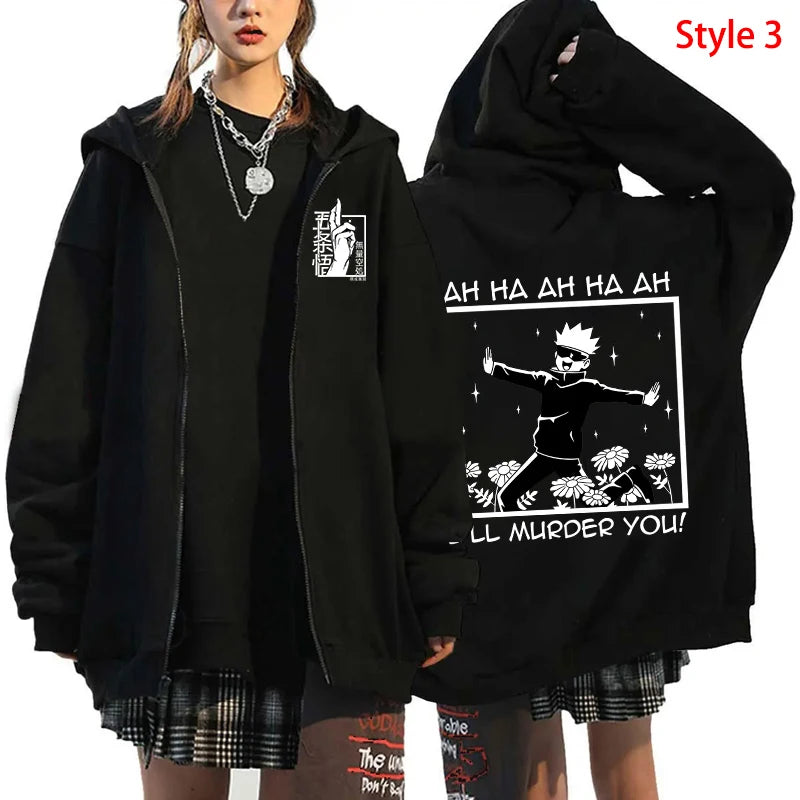 Autumn Zip Up Jacket Anime Satoru Gojo Printing Zippered Hoodie Streetwear Men Women Sweatshirts Harajuku Unisex Casual Clothing - Jujutsu Kaisen Merch - Free Shipping Buy Now