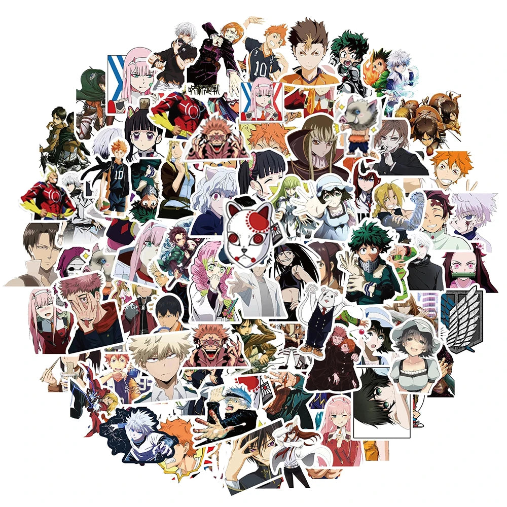 Lot de 50/100 autocollants dessin animé Attack On Titan Jujutsu Kaisen, autocollants imperméables pour skateboard, ordinateur portable, voiture, moto