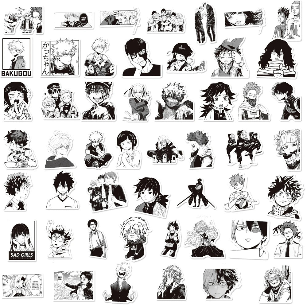 Lot de 10/30/50/100 autocollants mixtes noirs et blancs pour ordinateur portable, téléphone, style manga, Jujutsu Kaisen Attack on Titan