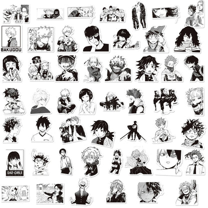 Lot de 10/30/50/100 autocollants mixtes noirs et blancs pour ordinateur portable, téléphone, style manga, Jujutsu Kaisen Attack on Titan