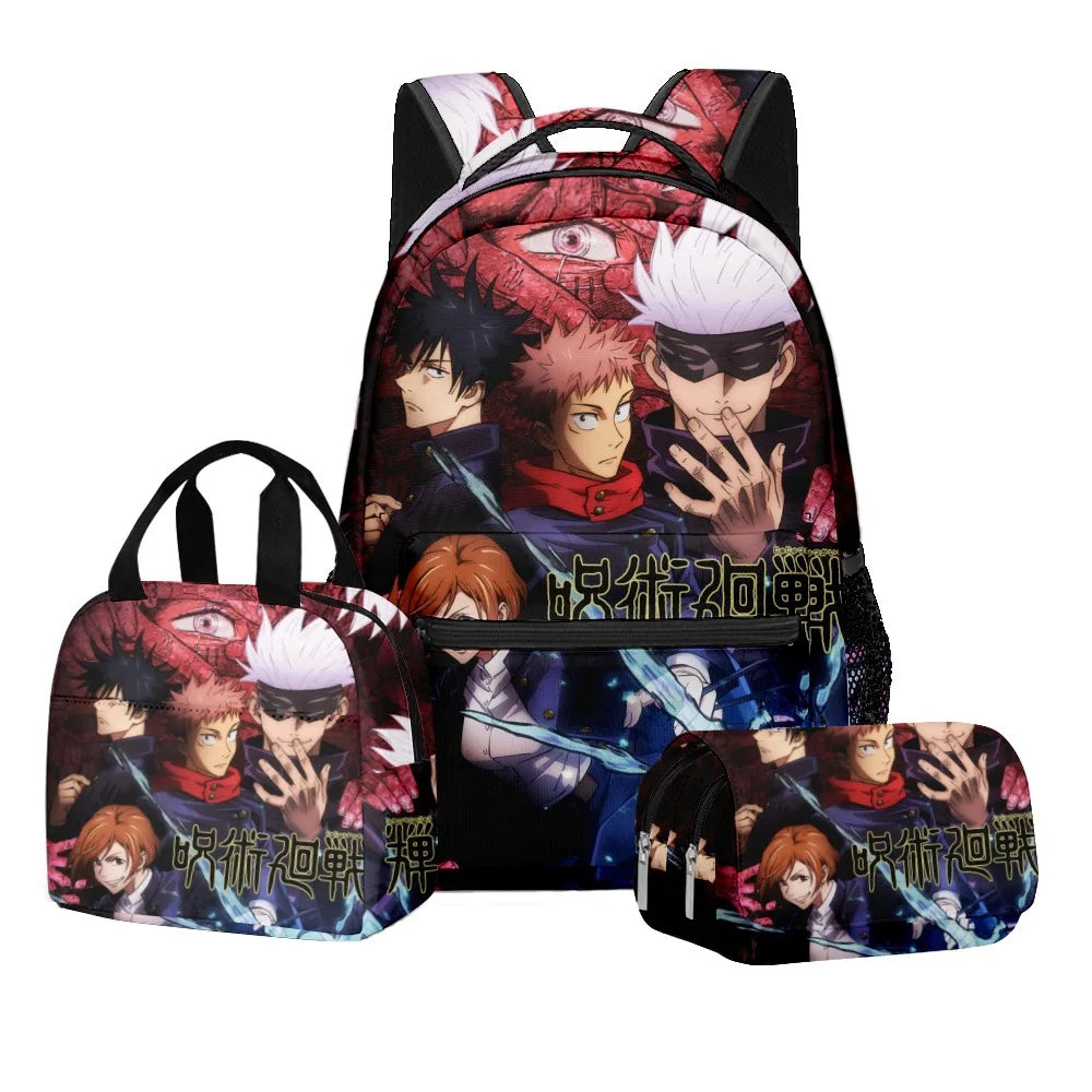 Ensemble scolaire Jujutsu Kaisen avec impression numérique d'anime, sac à dos grande capacité, sac à déjeuner, trousse à crayons à 2 couches, 3 pièces, cadeau pour garçon