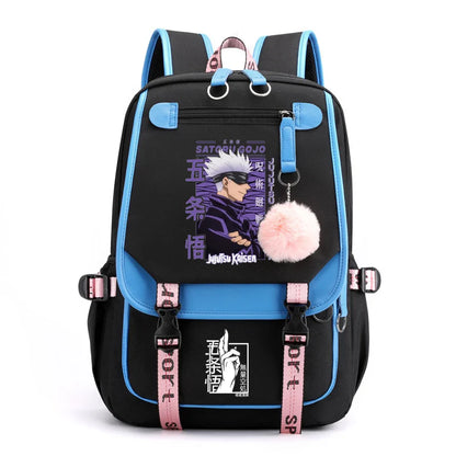 Sac à dos tendance avec fermeture éclair et port USB, motif dessin animé Satoru Gojo Harajuku, idéal pour l'extérieur et les adolescents