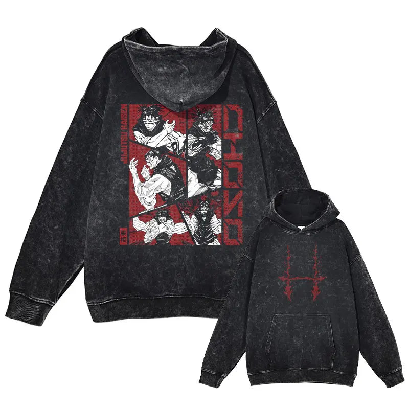 Anime J-Jujutsu Hoodies Vintage Washed Gojo Saturo Hooded Sweatshirts Oversized Manga K-Kaisen Fushiguro Toji CHOSO Hoodie Men - Jujutsu Kaisen Merch - Free Shipping Buy Now