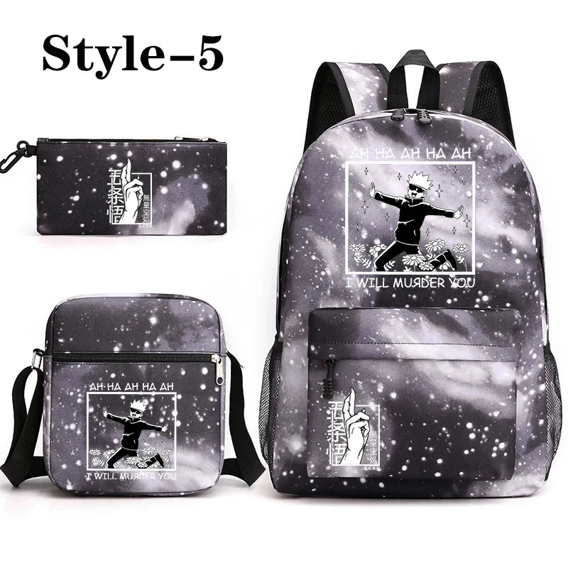 Sac à dos mignon à motif Anime Satoru Gojo Nouveau sac à dos Anime Satoru Gojo 3 pièces Sac à bandoulière Sac à stylos Sac à dos Satoru Gojo