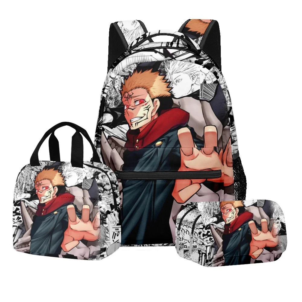Ensemble scolaire Jujutsu Kaisen avec impression numérique d'anime, sac à dos grande capacité, sac à déjeuner, trousse à crayons à 2 couches, 3 pièces, cadeau pour garçon