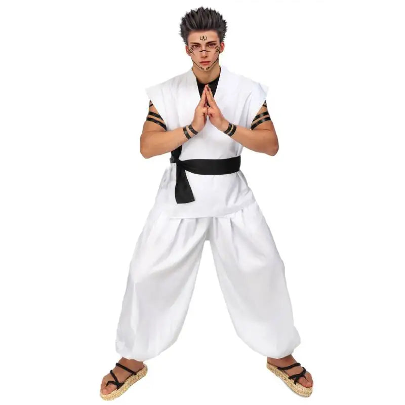 DAZCOS Ryomen Sukuna Costume White Kung Fu Suit with Tattoo Stickers Ryomen Sukuna as Megumi Showdown Cosplay Costume Full Set - Jujutsu Kaisen Merch - Free Shipping Buy Now