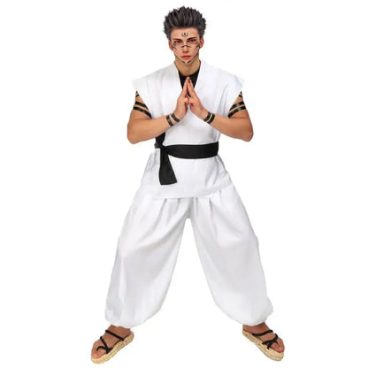 DAZCOS Ryomen Sukuna Costume White Kung Fu Suit with Tattoo Stickers Ryomen Sukuna as Megumi Showdown Cosplay Costume Full Set - Jujutsu Kaisen Merch - Free Shipping Buy Now