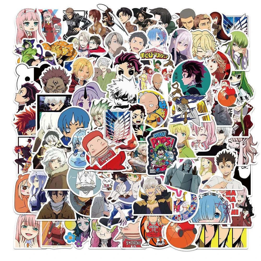 Lot de 50/100 autocollants dessin animé Attack On Titan Jujutsu Kaisen, autocollants imperméables pour skateboard, ordinateur portable, voiture, moto