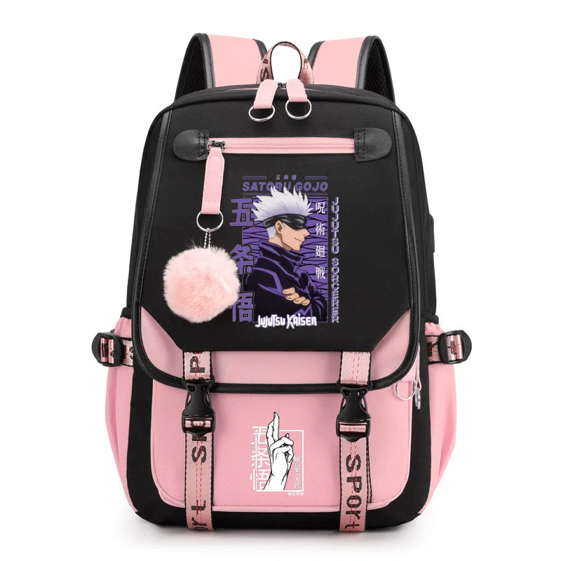 Sac à dos tendance avec fermeture éclair et port USB, motif dessin animé Satoru Gojo Harajuku, idéal pour l'extérieur et les adolescents