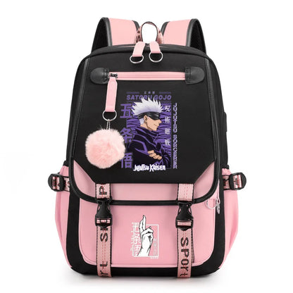 Sac à dos tendance avec fermeture éclair et port USB, motif dessin animé Satoru Gojo Harajuku, idéal pour l'extérieur et les adolescents