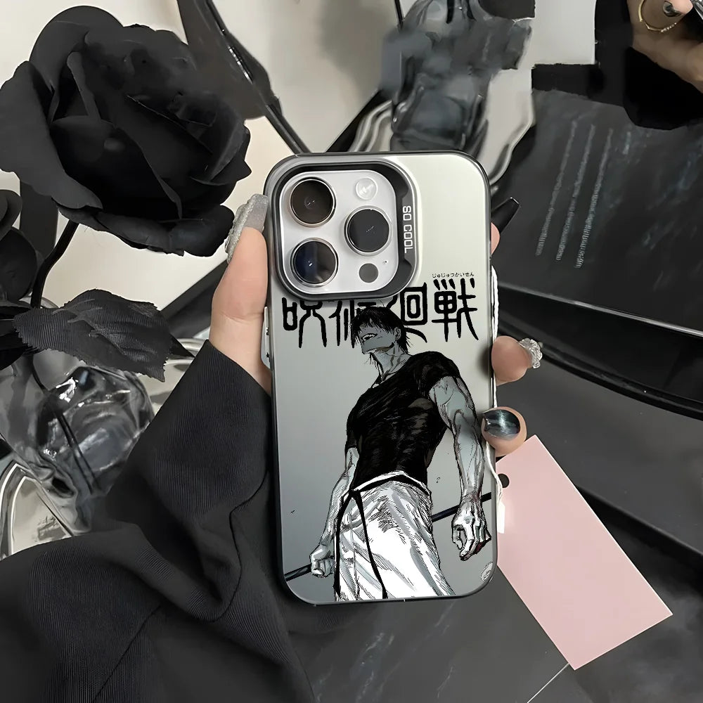 Phone case with an illustration of a person holding a rose, held by a hand against a blurred background.