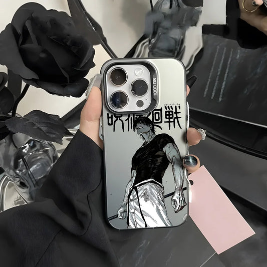 Phone case with an illustration of a person holding a rose, held by a hand against a blurred background.