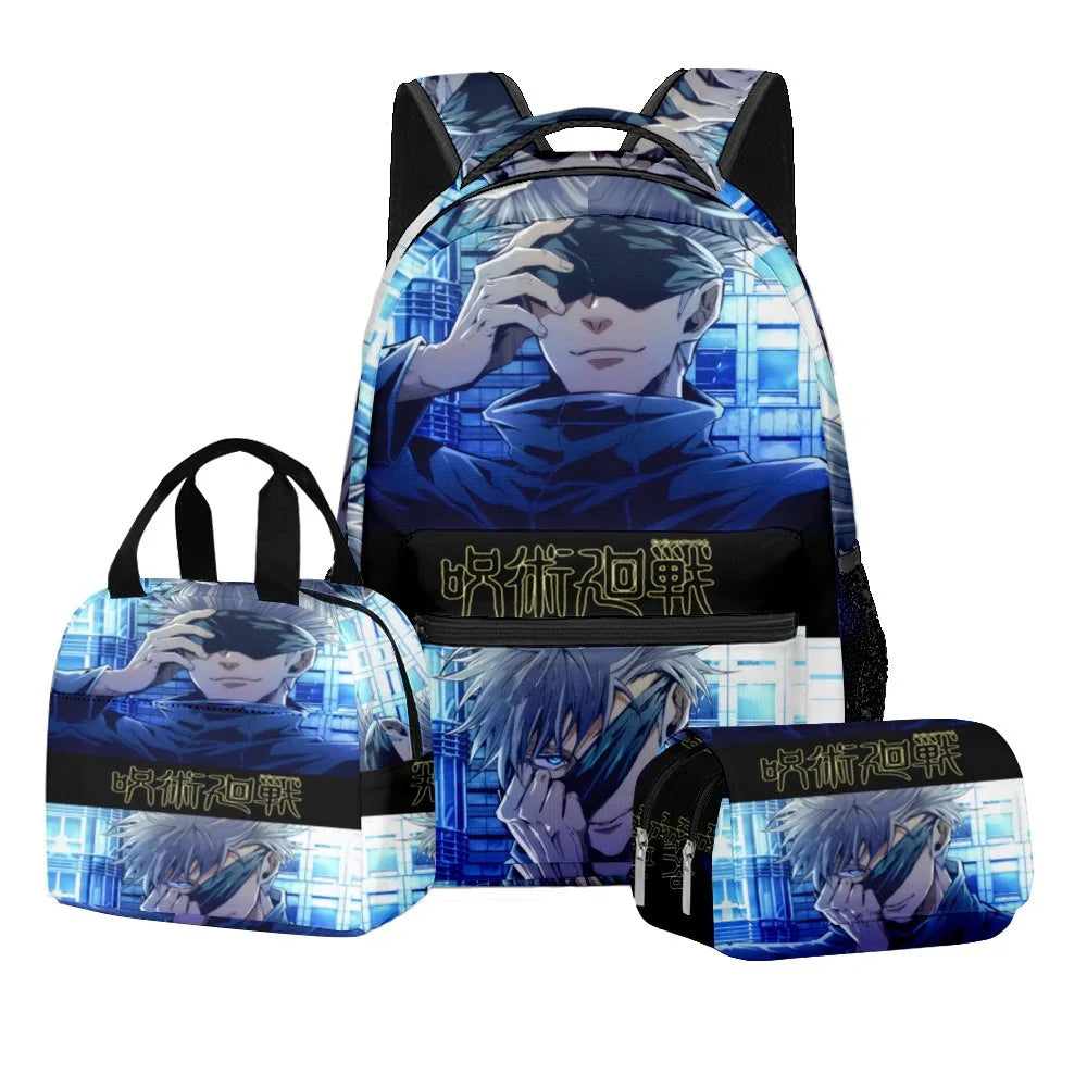 Ensemble scolaire Jujutsu Kaisen avec impression numérique d'anime, sac à dos grande capacité, sac à déjeuner, trousse à crayons à 2 couches, 3 pièces, cadeau pour garçon