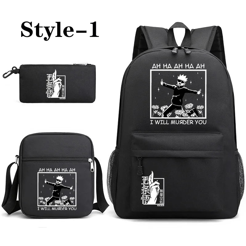 Sac à dos mignon à motif Anime Satoru Gojo Nouveau sac à dos Anime Satoru Gojo 3 pièces Sac à bandoulière Sac à stylos Sac à dos Satoru Gojo