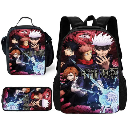 Sac à dos d'école Anime J-Jujutsu Kaisen pour enfant avec sacs à déjeuner, trousses à crayons, sacs d'école pour garçons et filles, meilleur cadeau