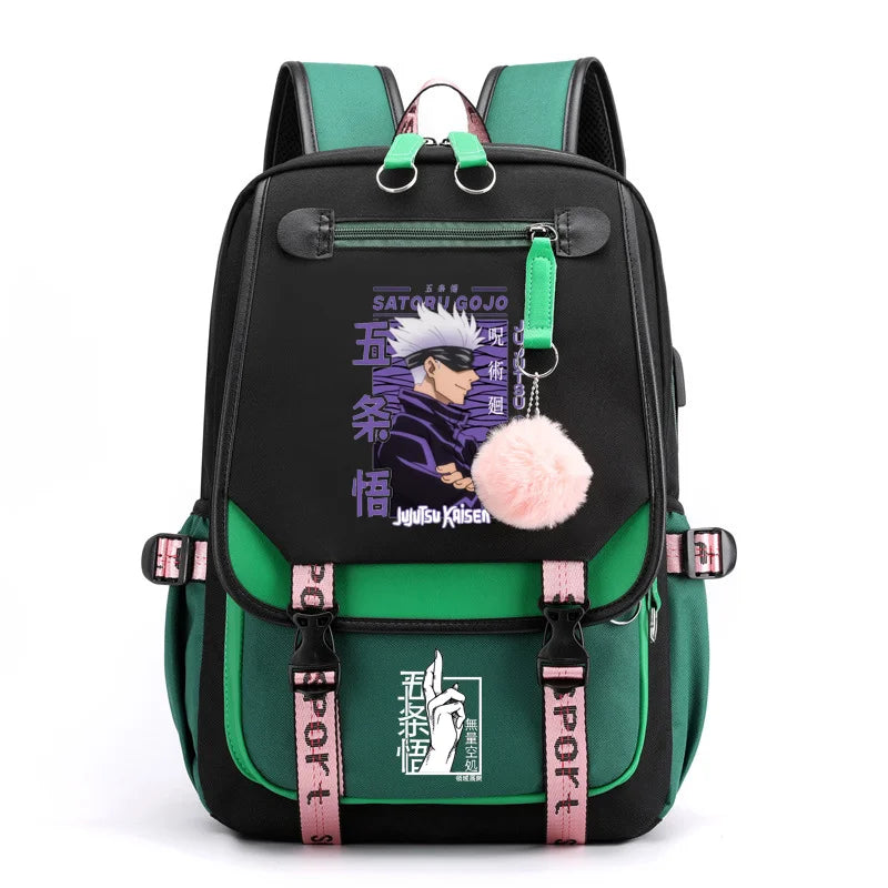 Sac à dos tendance avec fermeture éclair et port USB, motif dessin animé Satoru Gojo Harajuku, idéal pour l'extérieur et les adolescents
