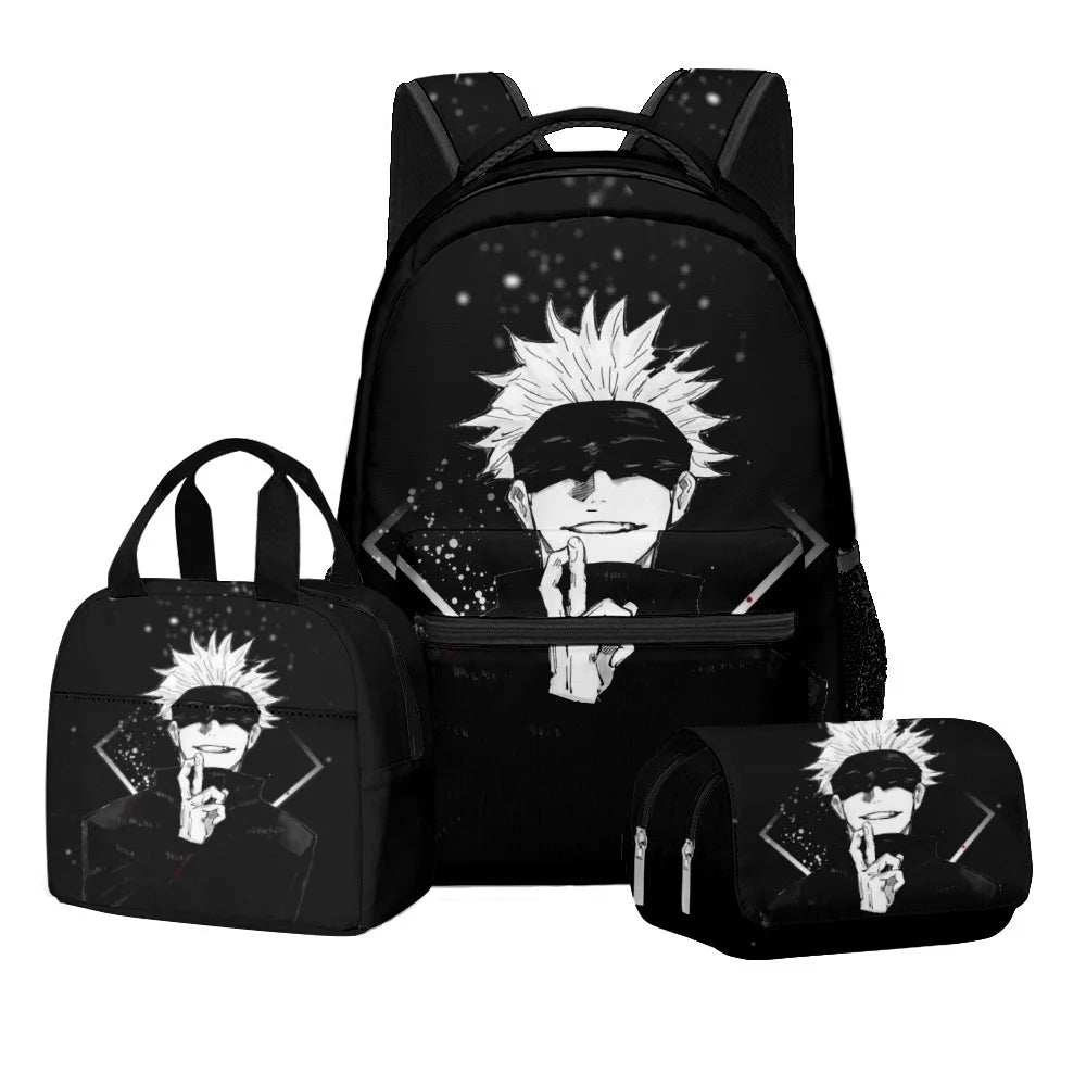 Ensemble scolaire Jujutsu Kaisen avec impression numérique d'anime, sac à dos grande capacité, sac à déjeuner, trousse à crayons à 2 couches, 3 pièces, cadeau pour garçon