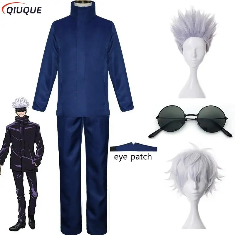 110-3XL Black / Blue Gojo Satoru Cosplay Costume Eye Patch Wigs Glasses Anime Halloween Party Men Kids Uniforms - Jujutsu Kaisen Merch - Free Shipping Buy Now