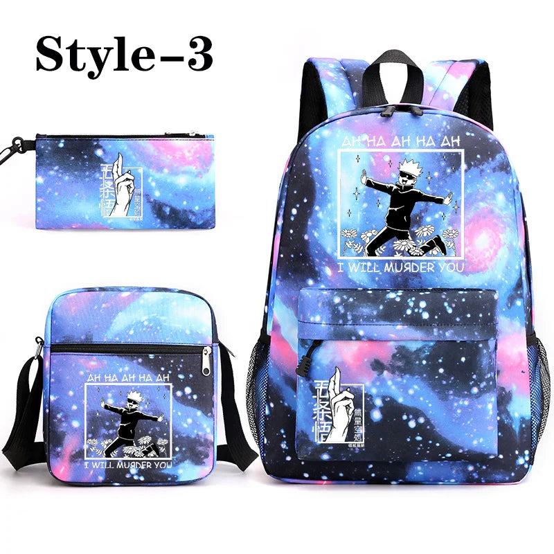 Sac à dos mignon à motif Anime Satoru Gojo Nouveau sac à dos Anime Satoru Gojo 3 pièces Sac à bandoulière Sac à stylos Sac à dos Satoru Gojo