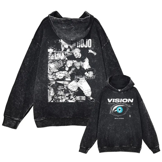 Anime J-Jujutsu Hoodies Vintage Washed Gojo Saturo Hooded Sweatshirts Oversized Manga K-Kaisen Fushiguro Toji CHOSO Hoodie Men - Jujutsu Kaisen Merch - Free Shipping Buy Now