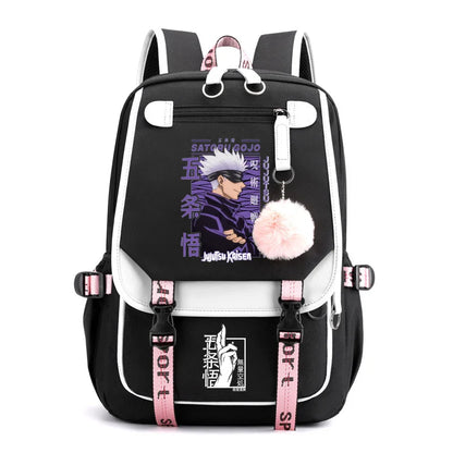 Sac à dos tendance avec fermeture éclair et port USB, motif dessin animé Satoru Gojo Harajuku, idéal pour l'extérieur et les adolescents