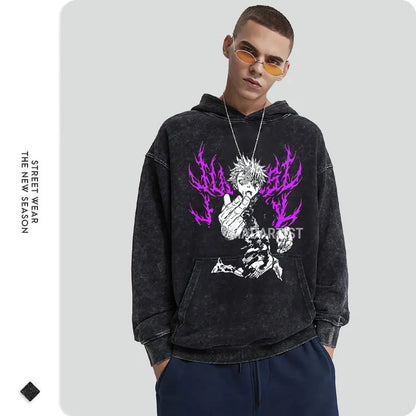 Anime J-Jujutsu Hoodies Vintage Washed Gojo Saturo Hooded Sweatshirts Oversized Manga K-Kaisen Fushiguro Toji CHOSO Hoodie Men - Jujutsu Kaisen Merch - Free Shipping Buy Now