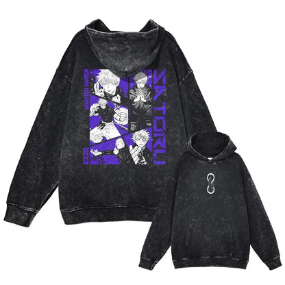 Anime J-Jujutsu Hoodies Vintage Washed Gojo Saturo Hooded Sweatshirts Oversized Manga K-Kaisen Fushiguro Toji CHOSO Hoodie Men - Jujutsu Kaisen Merch - Free Shipping Buy Now
